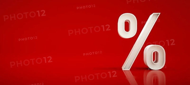 White percentage sign on red background. 3D illustration
