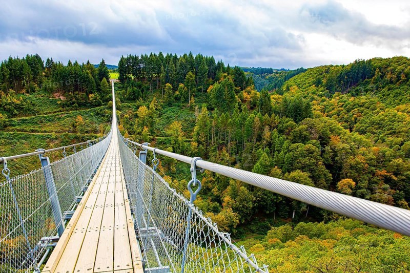The magnificent Geyerlei is the longest suspension cable bridge in Germany. Hunsrück region in Rhineland-Palatinate. Windy and cold autumn day