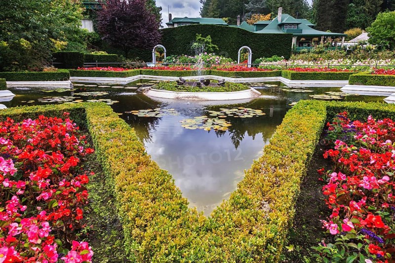 Exquisite fountain among the flower beds. Delightful landscaped and floral park Butchart Gardens on Vancouver Island