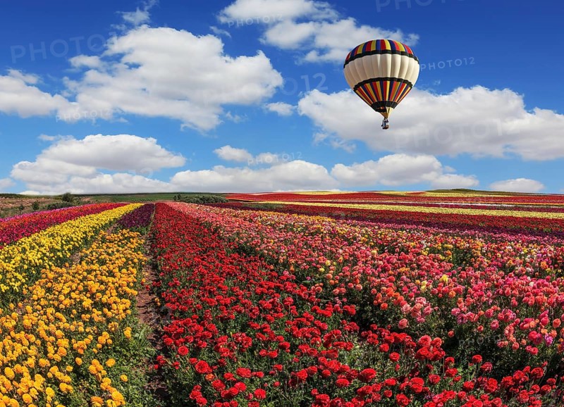 Spring windy day on the farm. In the sky flying scenic balloons. The colorful buttercups