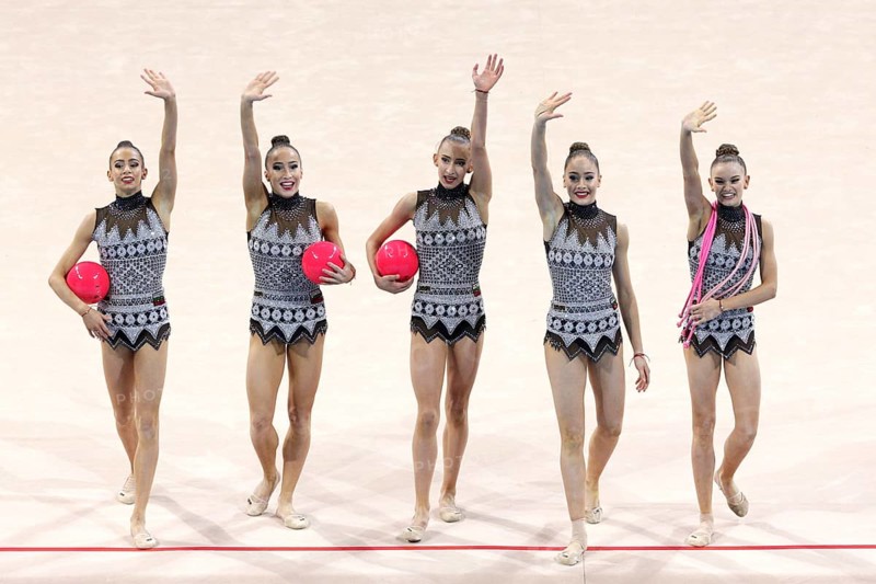 Sofia, Bulgaria - 6 May, 2017: Team Bulgaria performs during Rhythmic Gymnastics World Cup Sofia 2017. Group tournament