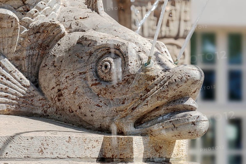 The Villersbrunnen fountain on Tröndlinring in Leipzig, close-up of a fish head in the centre of the fountain
