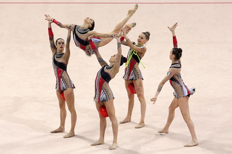 Sofia, Bulgaria - 1 April, 2018: Team Italy performs with balls and ropes during Rhythmic Gymnastics World Cup Sofia 2018. Group tournament