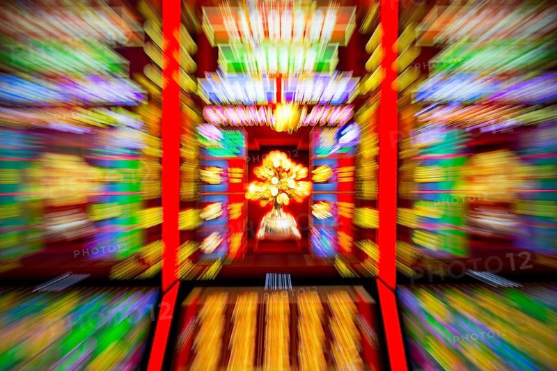 Slot machines in casino equipment exhibition. Zoom out effect