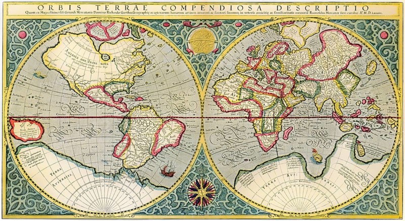 Facsimlile of World map by Gerardus Mercator or Gerard de Kremer, 1512-1594, cartographer, geographer