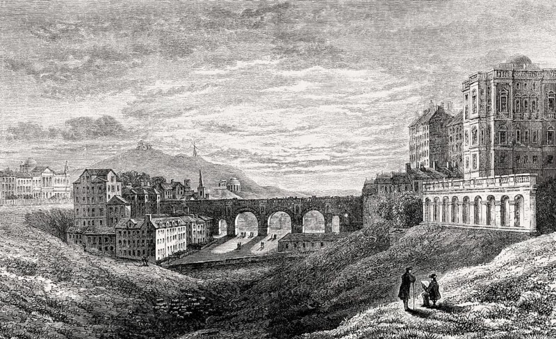 The old North Bridge, from the west, with Calton Hill in the background, in 1829, Edinburgh, Scotland, United Kingdom