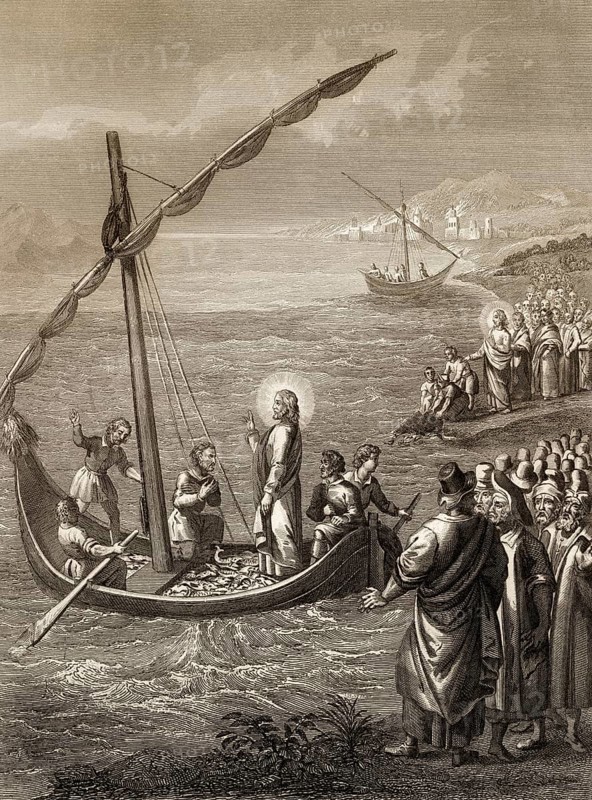 Miraculous Catch of Fish, Steel engraving 1853, digitally restored