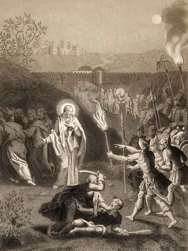 Simon Peter cuts off the ear of Malchus, arrest of Jesus Christ, Garden of Gethsemane, New Testament, steel engraving 1853, digitally restored
