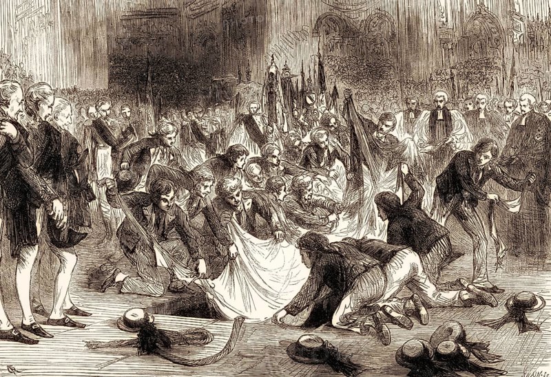Horatio Nelson's funeral at St Paul's Cathedral on 9 January 1805, sailors tearing his flag apart for souvenirs, From British Battles on Land and Sea by James Grant