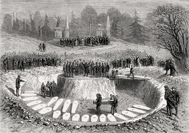 Burial of the unidentified victims after the Brooklyn Theatre fire in 1876, common grave at Green-Wood Cemetery, New York City