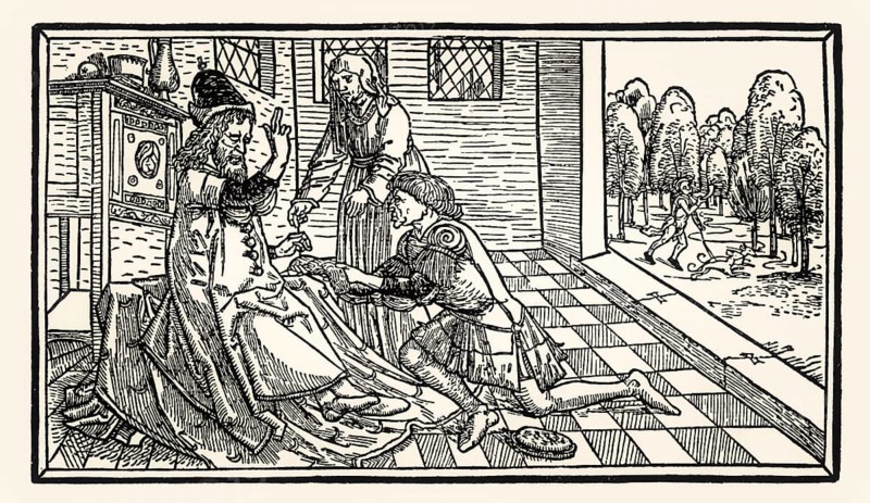 Isaac blesses Jacob, Middle Low German Lübeck Bible, by Steffen Arndes, 1494, digitally restored
