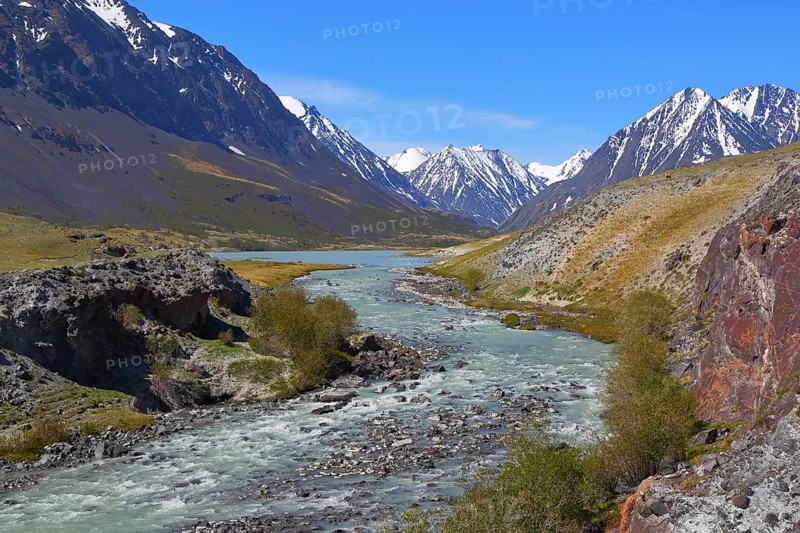 Mountain landscape with river in Altay, Russia