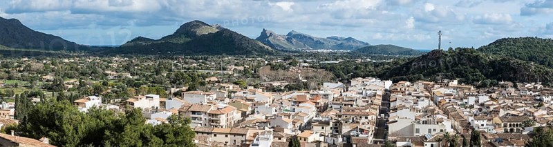 Pollenca, Spain, 12 28 2017: Extra large panoramic view over the village and mountains