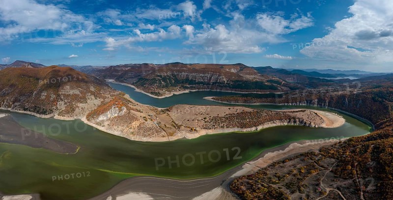 A panorama drone view of the Kardzhali reservoir and Arda River Bends in Bulgaria