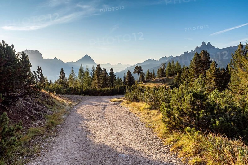 Wide trail in the Dolomites. Hiking trip, Walking path in dolomites landscape. The Tofane Group in the Dolomites, Italy