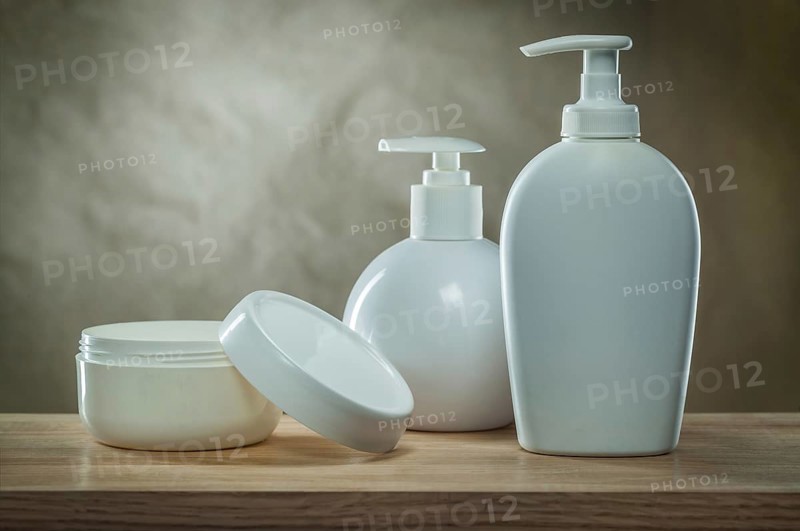 Body hygiene products opened jar and pump dispensers white blank bottles