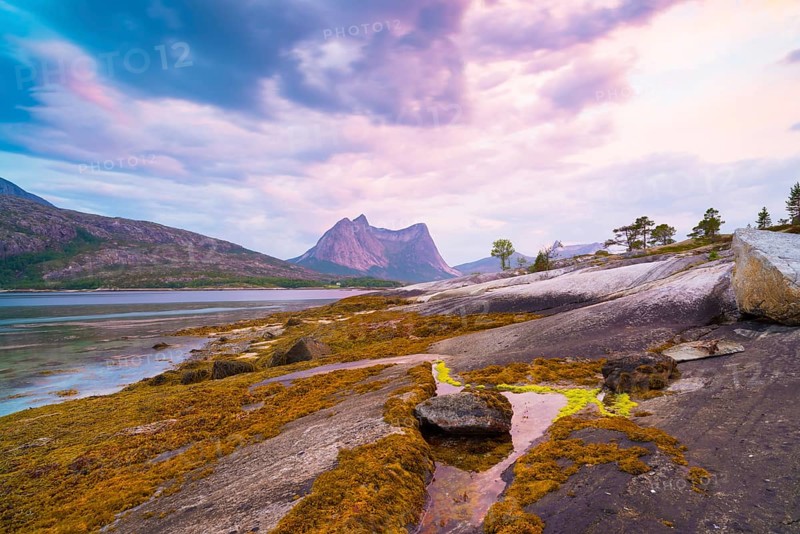 Sunset over an arctic fjord in the Lofoten, Norway