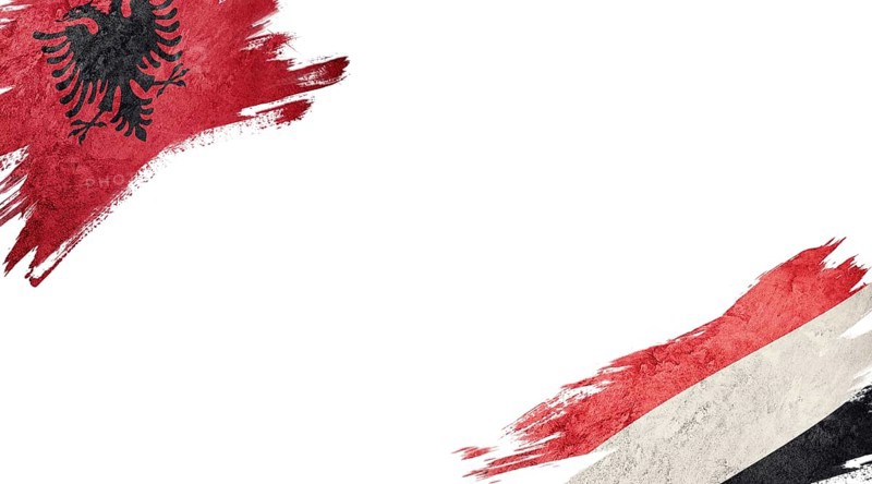 Flags of Albania and Yemen on white background