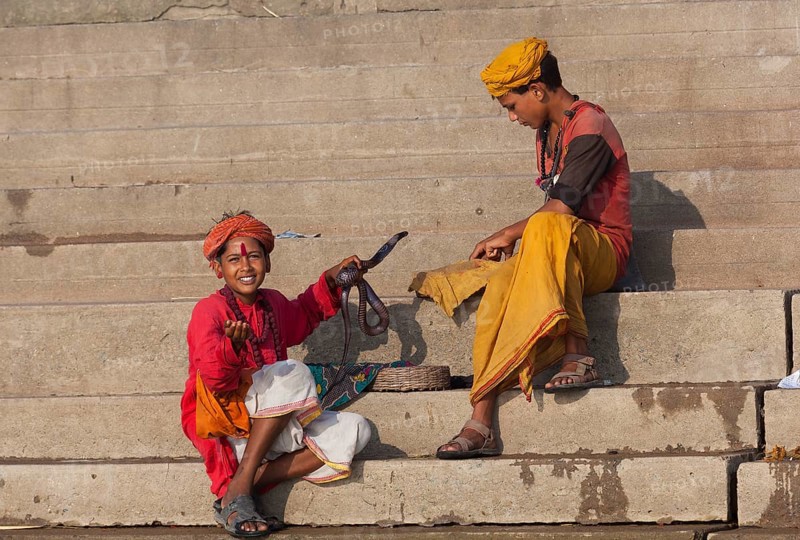 Children with cobra at ghat steps on river Ganges, Varanasi, Uttar Pradesh, India