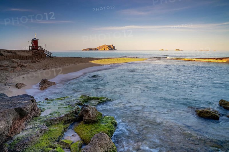 High key landscape view of the pictureque cove at Cala Comte on Ibiza Island