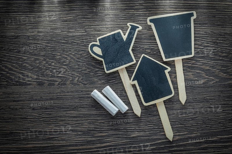 Gardening chalkboard sign tags on wood board