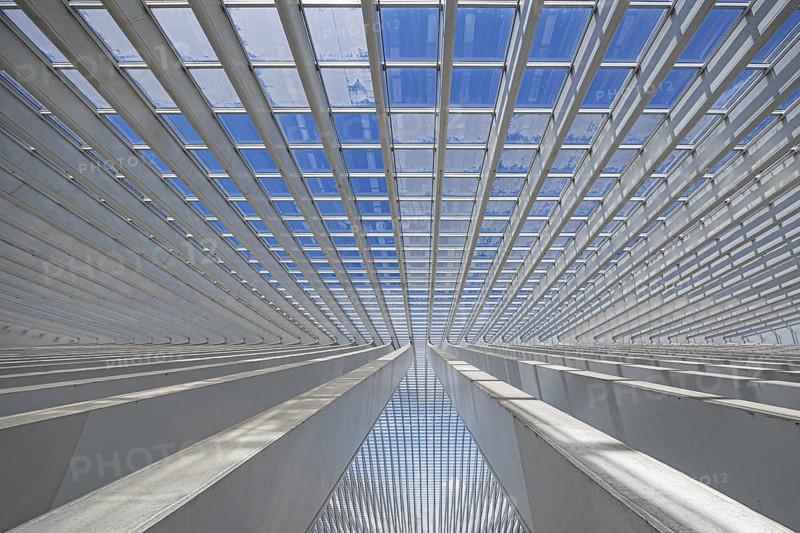 Symmetrical detail of a modern glass roof in an urban environment, railway station, Liège, Wallonia region, Belgium