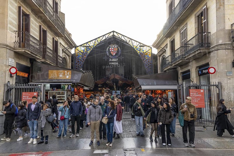 Entrance to the famous public market hall Mercat de la Boqueria on Rambla Street, Barcelona, Catalonia, Spain