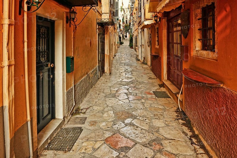 The famous alleyways (kantounia) in the old town of Corfu, Greece