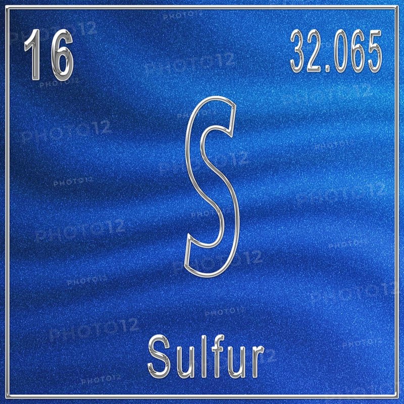 Sulfur chemical element, Sign with atomic number and atomic weight, Periodic Table Element