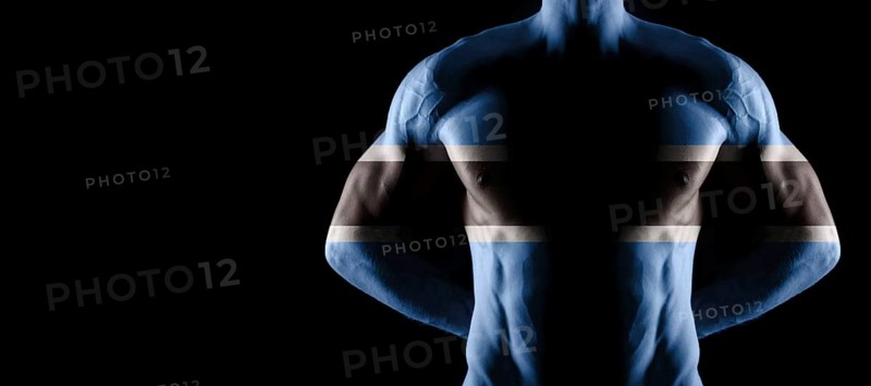 Botswana flag on muscled male torso with abs, black background