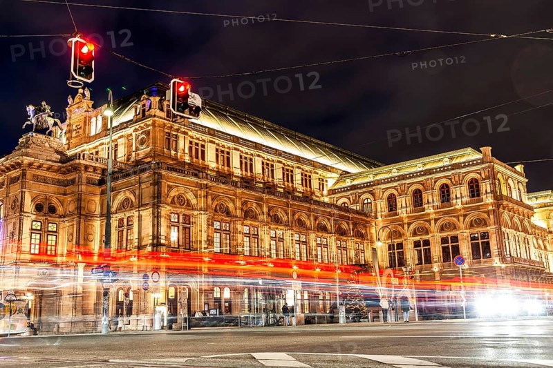 Vienna State Opera, light traces of a tram, night shot, Vienna, Austria