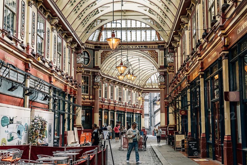 London, UK, August 25, 2023: Interior view of the famous Leadenhall Market in the City of London. It is one of the oldest markets in London
