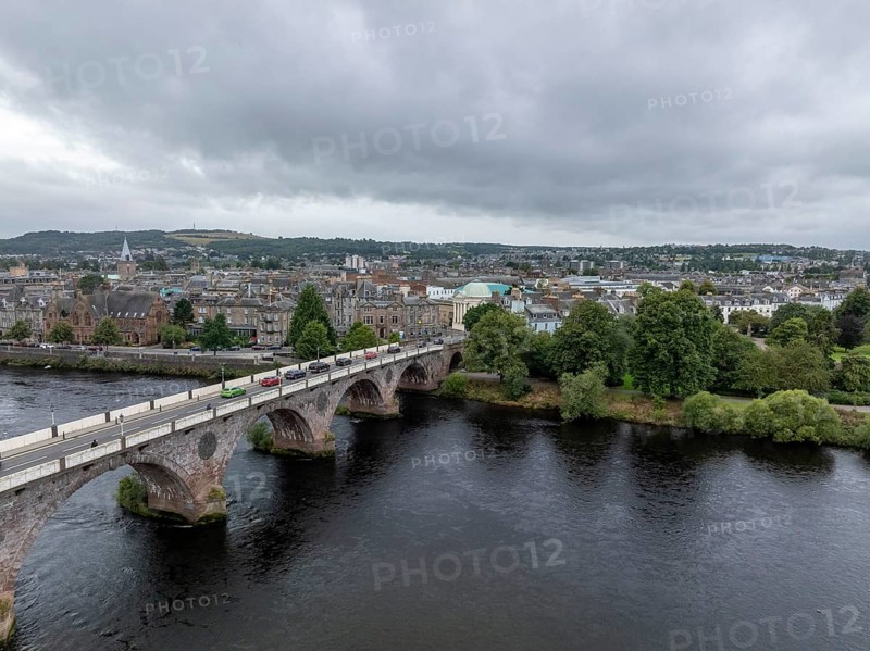 Smeaton's Bridge, stone arch bridge, drone shot, Perth, Scotland, Great Britain