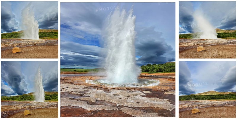 Card memory. Gushing geyser Strokkur. Collage showing different phases of the action of the geyser