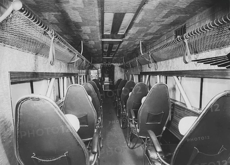Aircraft interior of the 1930s. Interior of a Fokker aircraft with the cabin and seats, no passangers, probably a model F.XXII. 1930