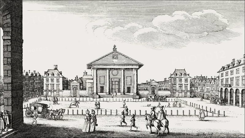 Square before the market hall, Covent Garden, London, after Hollar, 1647