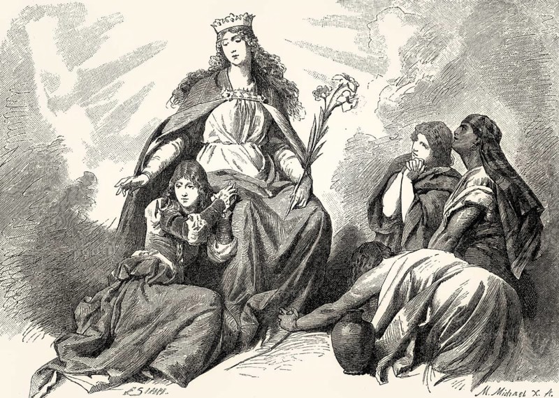 The virgin Mary, Gretchen and three biblical holy women plead for Faust's soul, act V, Faust II, Johann Wolfgang von Goethe
