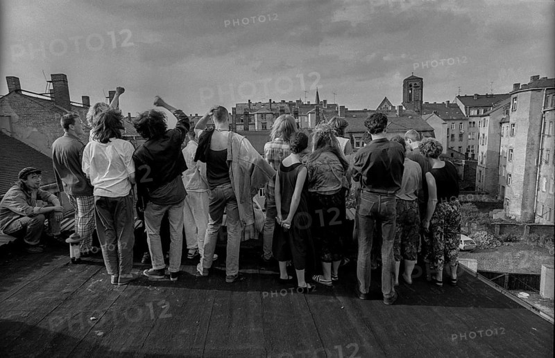 Germany, Dresden, 22 June 1991, City Festival of the Colourful Republic of Neustadt (Dresden), above the roofs of the Neustadt