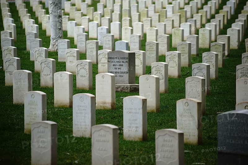 San Fransisco, United States - December 21, 2015: The United States National Cemetery in San Fransisco with graves of fallen soldiers and headstones arranged in rows on 21 December 2015 in San Fransisco