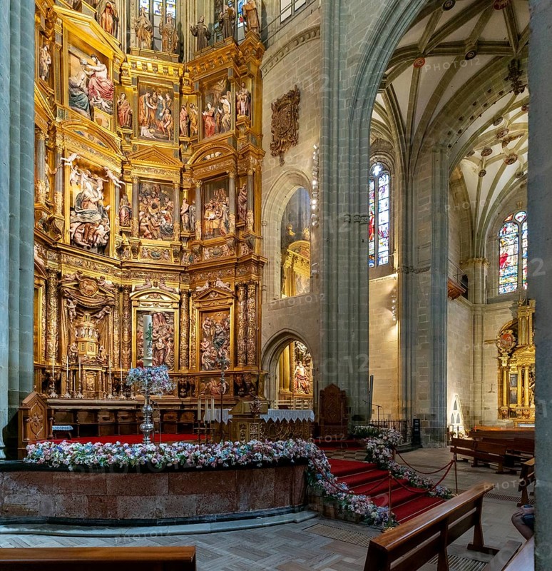 Astorga, Spain, 12 April, 2024: view of the altar and gilded altar piece in the central nave of the Catehdral of Saint Mary in Astorga