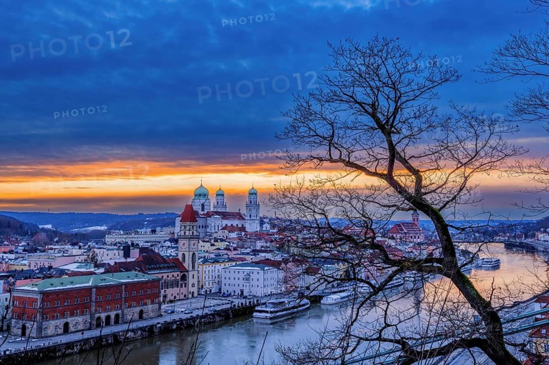 View of Passau in Bavaria at sunset on a winter evening