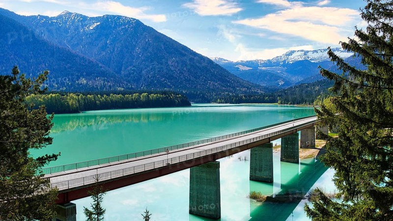 View of the Faller gorge bridge at Sylvensteinsee lake