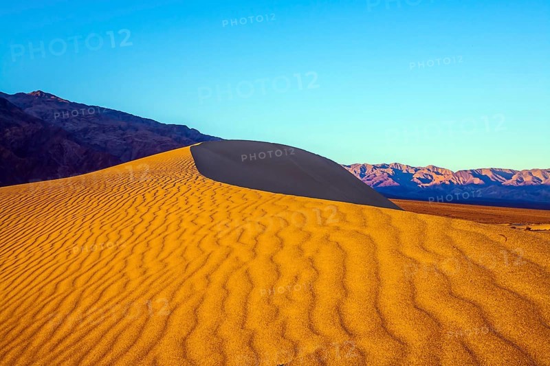 Mesquite Flat Sand Dunes - dunes in Death Valley, USA. Morning light illuminates the soft sandy hills. Magical desert morning. The sand lies in light waves. The concept of active and photo tourism