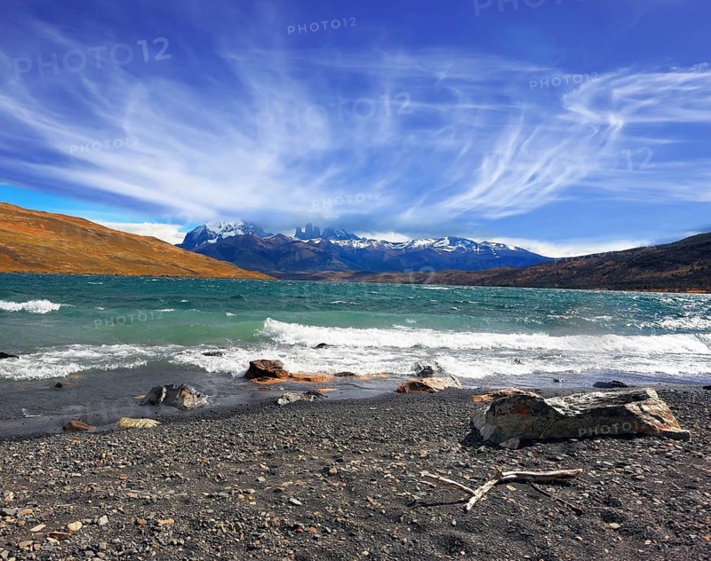 National Park Torres del Paine. Patagonia, Chile. Stormy wind blows high waves on Lake Laguna Azul