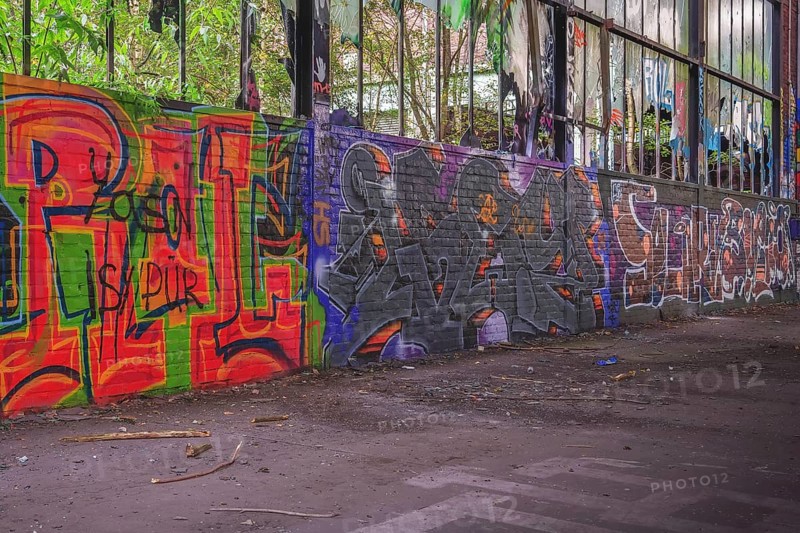 Abandoned factory with graffiti walls and broken windows, Dortmund-Hafen railway depot, Lost Place, Dortmund, North Rhine-Westphalia, Germany