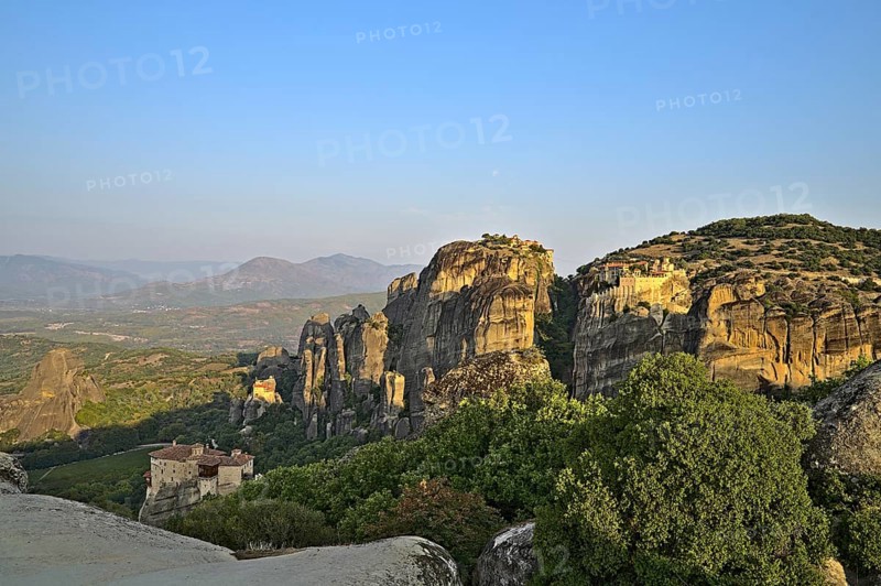 Monastery of Varlaam, Holy Monastery of Saint Nicholas, Monastery of Rousanou and Megalo Meteoro photographed at sunrise