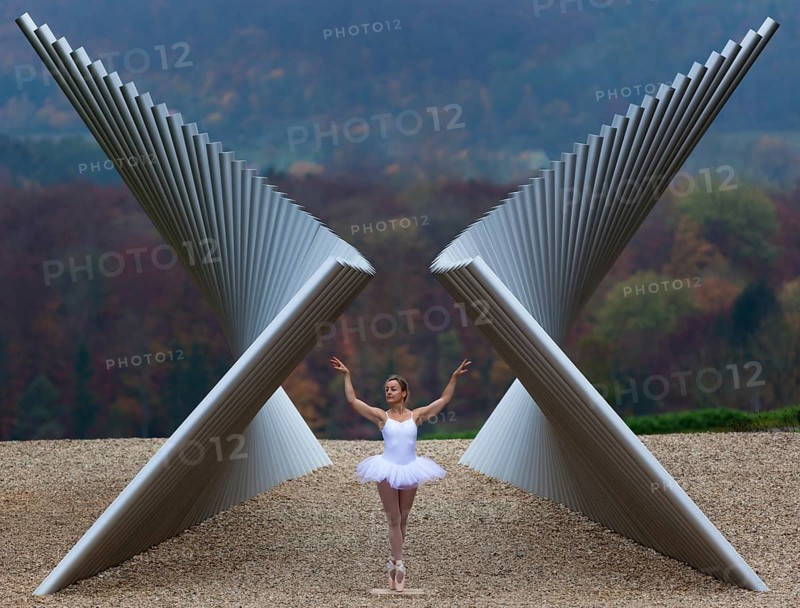 Ballerina in white ballet costume in elegant pose in front of modern sculpture in autumnal landscape, Emmendingen, Baden-Württemberg, Germany