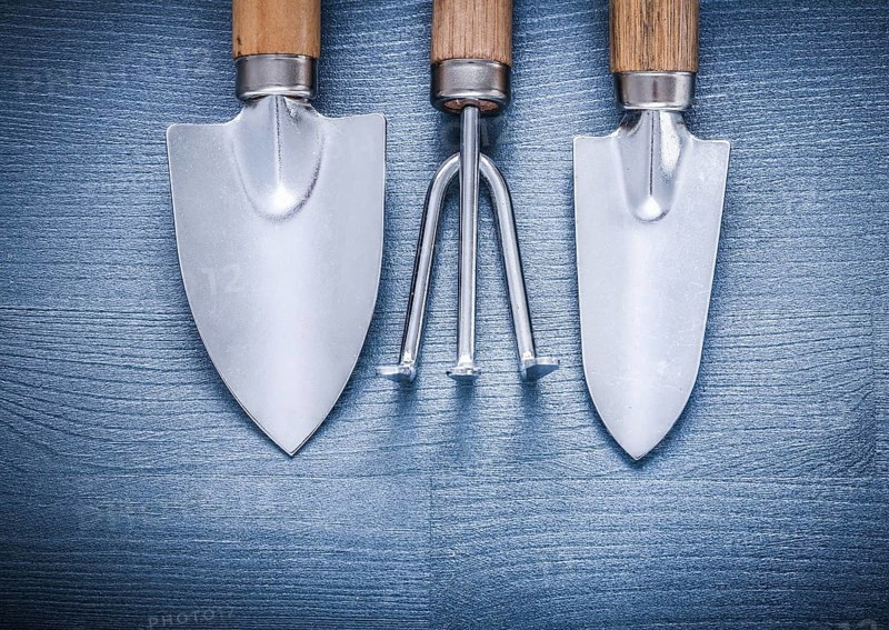 Two little garden spades and fork