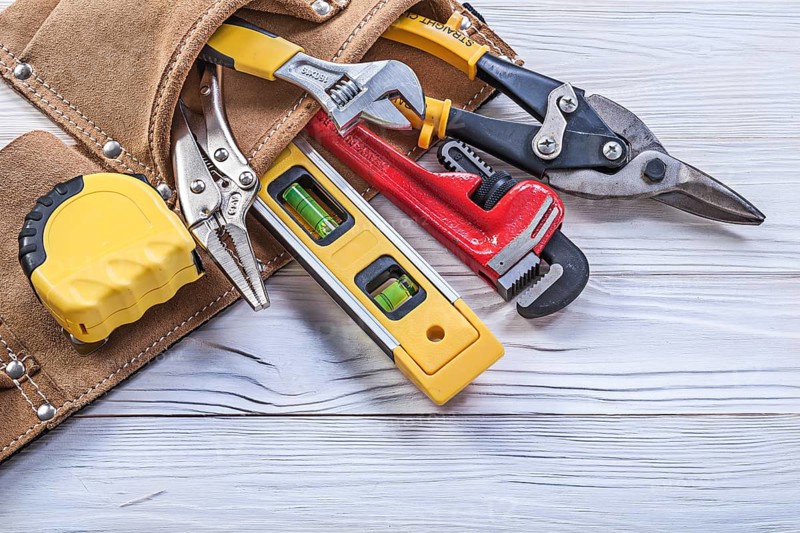 Tool belt pliers construction level tape measure pipe wrench adjustable spanner
