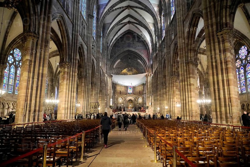 Strasbourg Cathedral, Cathedral of Our Lady, Cathédrale Notre-Dame, Cathedral, Strasbourg, Strasbourg, Bas-Rhin, Alsace, Alsace, France, Gothic church full of chairs with people visiting the room, Strasbourg, Strasbourg, Bas-Rhin, Alsace, Alsace, France